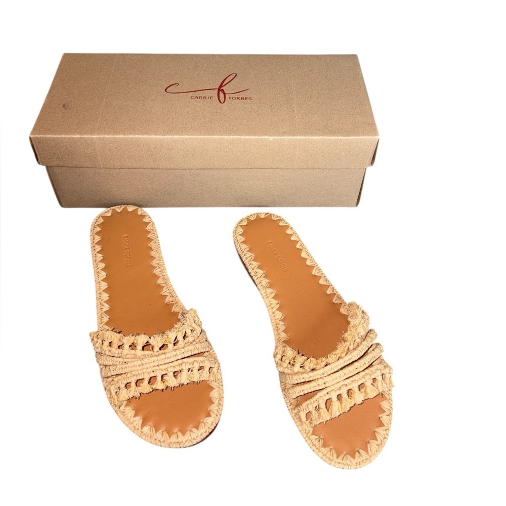 Carrie Forbes Sandal Flat Slide Natural Raffia Woven Tan Leather Sz 6 EU 36 NWT